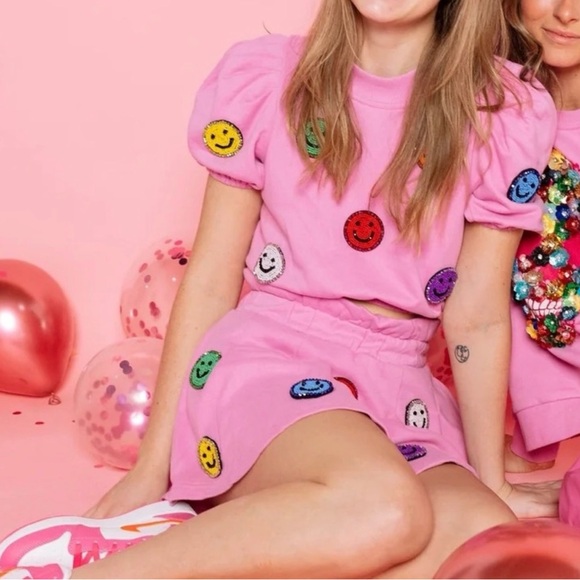 Queen Of Sparkles Smiley Face 3D Skort Set Med Pink Sweatshirt Skirt Casual Fun - Picture 4 of 16